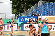 Deutsch: Beachhandball Europameisterschaften 2019 (Beach handball Euro); Tag 2: 3. Juli 2019 – Frauen, Vorrunde Gruppe D, Ukraine-Deutschland 2:0 (23:22, 32:24) English: Beach handball Euro; Day 2: 3 July 2019 – Women Preliminary Round Group D – Ukraine-Germany 2:0 (23:22, 32:24)