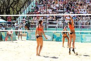 Deutsch: Beachvolleyball bei den Olympischen Jugendspielen 2018; Tag 9, 15. Oktober 2018; Mädchen, Viertelfinale: USA-Spanien 2–1 (21–19/17–21/15–9) English: Beach volleyball at the 2018 Summer Youth Olympics at 15 October 2018 – Girls Quarterfinals: USA-Spain 2–1 (21–19/17–21/15–9)