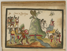 Chapultepec Hill as depicted in the Tovar Codex. The scene shows the Aztec tlatoani Huitzilihuitl and Tepanecs (right) about to be defeated by the warriors of Xochimilco and Chalco (left). Chapultepec Hill WDL6745.png