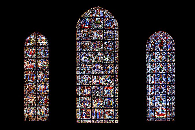 Lancet windows under the west rose window; the Jesse Window or genealogy of Christ (right); Life of Christ (center), and the Passion of Christ (left)