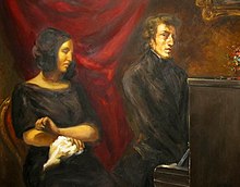 Sand sews while Chopin plays piano, in a hypothetical reconstruction of Delacroix's 1838 painting, Portrait of Frédéric Chopin and George Sand