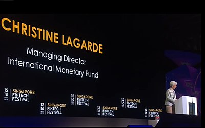 Christine Lagarde, Managing Director of the International Monetary Fund addressing in 2018 at the Singapore FinTech Festival, the largest FinTech festival in the world.