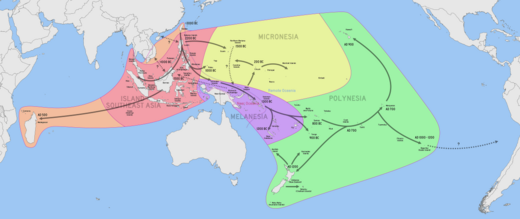 Kaart van de Austronesiche uitbreiding. De perioden zijn gebaseerd op archeologische studies, maar het associëren van het bodemarchief met taalkundige reconstructies is omstreden.