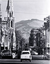 Colombo Street in 1960 looking south, with the tower of ChristChurch Cathedral visible in Cathedral Square Colombo Street, 1960.jpg