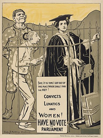Emily J. Harding Andrews' rather ableist pro-suffrage poster, "Convicts, Lunatics, and Women!" I've added commas under the assumption line breaks are substituting for them, because it looks fine on a poster and really stupid in writing.