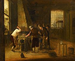 A 17th century painting from the school of Cornelis Gerritsz Decker of men around a forge