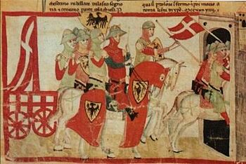 Frederick II leads the captured Carroccio to Cremona, (illustration in a manuscript from the 14th century)