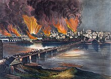 The Confederacy used Richmond as their capital from May 1861 till April 1865, when they abandoned the city and set fire to its downtown. Currier and Ives - The Fall of Richmond, Va. on the Night of April 2d. 1865 (cropped).jpg
