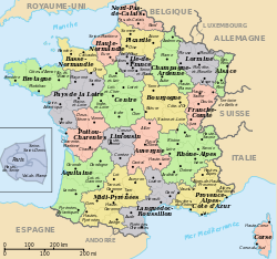 A map of France showing the different 22 regions and 96 departments.