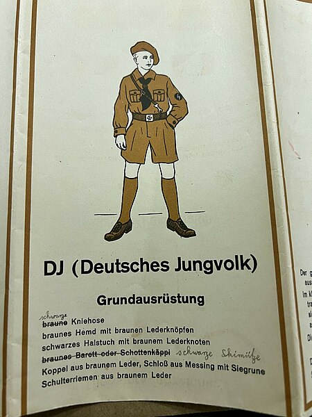 File:DAS BRAUNHEMD Uniformen Dienstgrade Formationszeichen SA SS PO HJ DJ NSDAP Nazi party folded poster Uniforms Insignia Berlin 1933 05 Deutsches Jungvolk Grundausrustung (basic brownshirt uniform) No known copyright.jpg