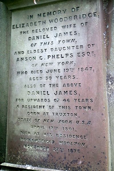 Elizabeth and Daniel James gravestone, originally located in Liverpool, now in St Andrew's churchyard, West Dean, West Sussex, UK. Their remains were 