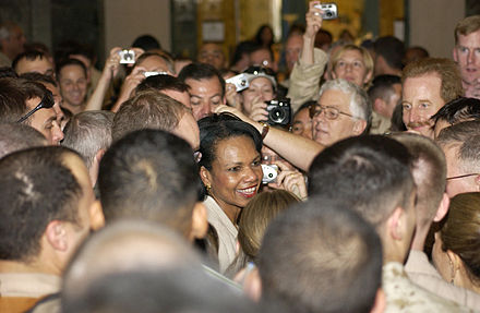 Rice greets U.S. military personnel at the American Embassy in Baghdad, Iraq, on May 15, 2005.