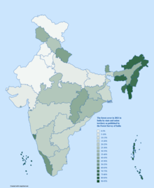 Density of forest cover in 2021 in India by state and union territory.png