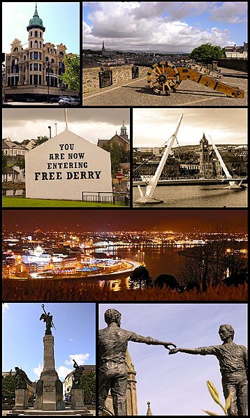 From top, left to right: Austin's Department Store, Derry's Walls, Free Derry Corner, Peace Bridge across the River Foyle, a view of Derry at night, D