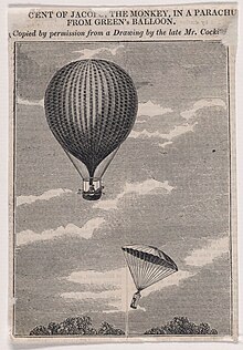 The descent of the monkey Jacopo from a balloon belonging to Charles Green, 1857 Descent of Jacopo, The Monkey, in a Parachute from Green's Balloon.jpg