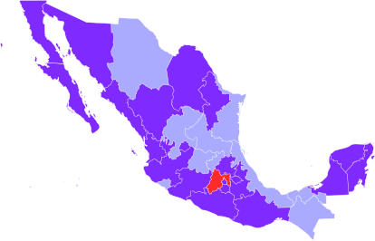 States in Blue ban discrimination based on sexual orientation and gender identity. States in Pale Blue ban discrimination based on sexual orientation and gender, but not gender identity. One state in Red does not explicitly ban discrimination based on sexual orientation, gender, or gender identity. Discrimination laws in Mexico.svg