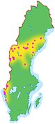 English: Distribition of pictographs in Sweden. Svenska: Fördelningen av hällmålningar i Sverige.