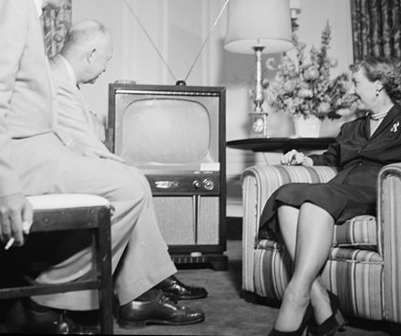 Dwight and Mamie Eisenhower watching a television during the convention