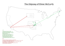 A graphic that shows where Elmer McCurdy has been.