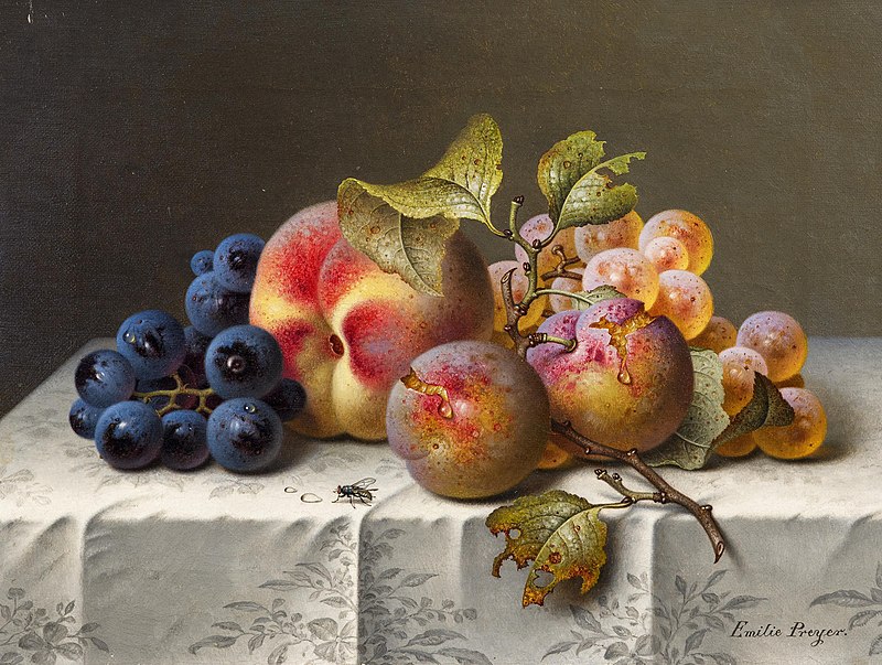 在庫人気E・Preyer、Grapes, Peaches & Plums、希少画集より、新品額装付 静物画