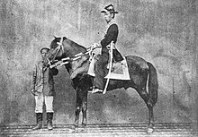 洋装し騎乗した姿の明治天皇（1872年）。明治天皇は即位初期の頃に乗馬を非常に好み、行幸にも乗馬を頻繁に用いた[9][注釈 12]。1880年代の壮年期には日本における馬事制度の確立を希求し強く後押しした[33]。