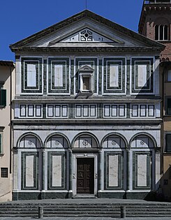 The Collegiate Church, Empoli, Italy, represents a screen facade. The polychrome marble decoration divides the facade into zones while giving little indication of the architectural form behind it.