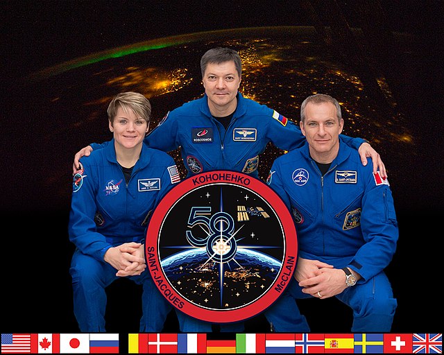 (l-r) NASA Astronaut Anne McClain, Roscosmos Cosmonaut Oleg Kononenko and CSA Astronaut David Saint-Jacques.ISS expeditions← Expedition 57Expedition 5