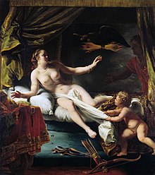 tableau néoclassique : une femme nue, un ange à ses pieds