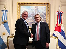 Argentine President Alberto Fernandez with Cuban President Miguel Diaz-Canel in Buenos Aires, 2019. Fernandez-Diaz-Canel.jpg