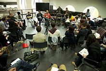 Speakers from the Knight Foundation discuss the future of news at the 2011 Mozilla Festival in London. Fireside Chat, Knight's Michael Maness and Dan Sinker - Flickr - Knight Foundation.jpg