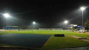 Panorama view of the Hoheellern Stadium under floodlights