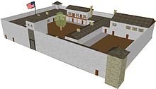 Fort John (Fort Laramie) was originally built of logs in 1834, then rebuilt in adobe in 1841. This digital reconstruction from a National Park Service/CyArk project is based on archaeological data, descriptions, and illustrations from the period when the Fort still stood. It shows the south and east facades of the high-walled Fort John. As a private trading post it was fortified chiefly to prevent theft of the valuable furs. The name Fort John fell into disuse following the military takeover of the Fort in 1849, and disappeared from records by 1860. Fort laramie cyark final.jpg