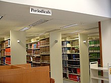 Academic journals collect research articles and are often categorized as "Periodicals" in university libraries. Here, the periodical collection of the Foster Business Library at the University of Washington Foster periodicals.jpg