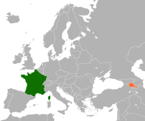 Mapa indicando localização da Armênia e da França.