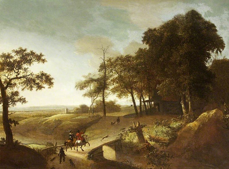File:Frederick de Moucheron (1633-1686) (style of) - A Wooded River Landscape with a Hawking Party Crossing a Bridge - 20951 - National Trust.jpg