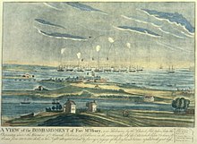 The Bombardment of Fort McHenry, showing Royal Navy bomb vessels in action, including HMS Meteor (ex-Starr) Ft. Henry bombardement 1814.jpg