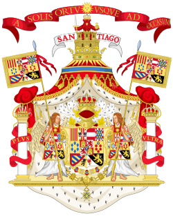 Ornamented version of the royal coat of arms of the Kings of Spain from Carlos III to Alfonso XIII, where the motto can be seen. Full Ornamented Royal Coat of Arms of Spain (1761-1868 and 1874-1931).svg