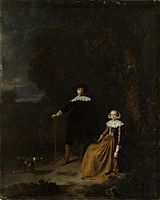 Nicolaes Pietersz. Berchem (landscape and dog) and Gerrit Dou (figures). Portrait of a Couple in a Landscape Circa 1635 date QS:P,+1635-00-00T00:00:00Z/9,P1480,Q5727902 . oil on canvas medium QS:P186,Q296955;P186,Q12321255,P518,Q861259 . 76 × 62.5 cm (29.9 × 24.6 in). Leiden, Museum De Lakenhal.