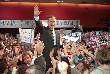 Bush's largely socially conservative rhetoric garnered him much support among social-conservatives nationwide. Seen here at campaign rally in Omaha, Nebraska. George H.W. Bush campaign 1988.jpg