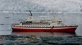 The MV Explorer in Antarctica in January 1999. She sank on 23 November 2007 after hitting an iceberg. Glacier and Explorer.jpg