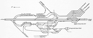 Gleisschema der drei Badischen Bahnhöfe in Basel und Weil (1914)[4]