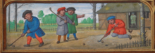 A scene from the Golf Book, circa 1540, shows a game with similarities to modern day golf e.g. knocking a ball down a hole with a crooked headed club. Golf scene from the 'Golf Book of Hours'.png