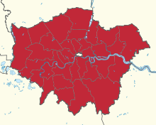 Die zeremonielle Grafschaft Greater London entspricht der Region Greater London ohne die City of London (weißer Fleck in der Bildmitte), die ebenfalls eine zeremonielle Grafschaften ist