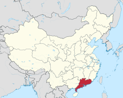 Guangdongin (punaisella) sijainti Kiinan kartalla.