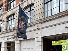 The Haberdashers' heraldic banner. Haberdashers' Hall - front and flag.jpg