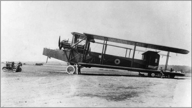 A Royal Air Force Handley Page Type O bomber, with its wings folded back