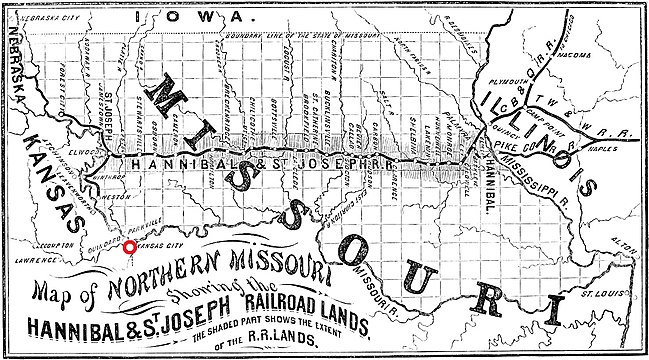 Die Hannibal and St. Joseph Railroad 1860, Joy realisierte 1869 den Anschluss von Cameron aus nach Kansas City und ließ hier die erste Missouribrücke errichten (siehe Markierung im CB&Q-Netz rechts)