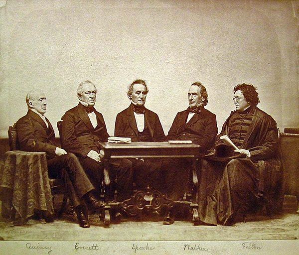 Five Harvard University presidents, sitting in order of when they served. Left-to-right: Josiah Quincy III, Edward Everett, Jared Sparks, James Walker