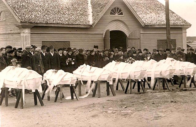 The funeral for sextuple axe murder victims in Huittinen, Finland in 1943, committed by Toivo Koljonen