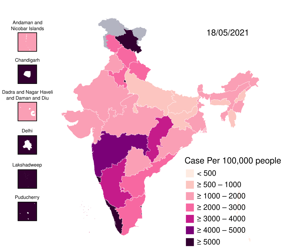 A map of cumulative COVID-19 cases in India by states and UT. Data source: MoHFW. Credit: Shanze1/ Wikimedia